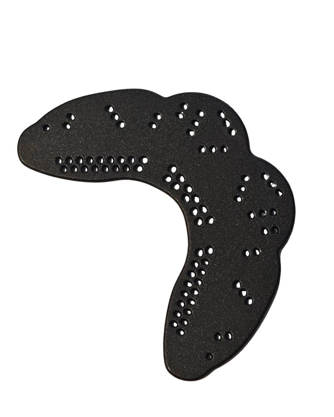 A black, textured mouthguard with multiple circular ventilation holes, shown against a plain white background.