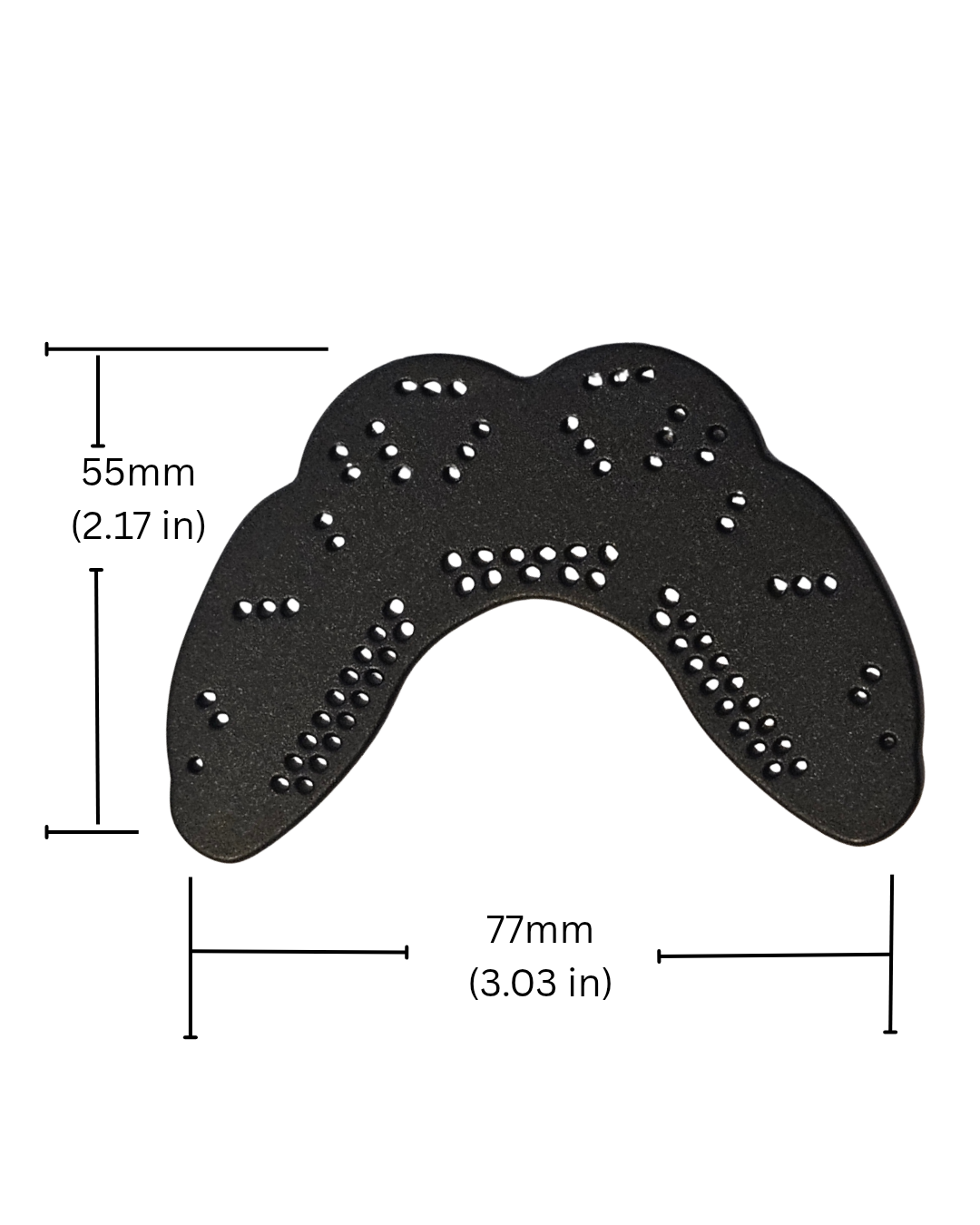 Black dental mouthguard or dental pad shown on a white background with dimension lines and text indicating 55mm height and 77mm width.